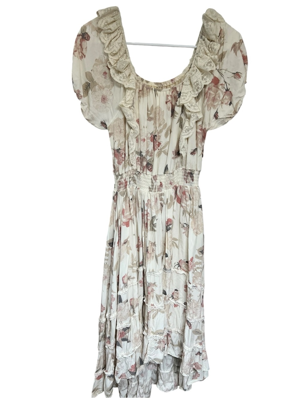 Mia Joy Cream Floral Ruffle Midi Dress